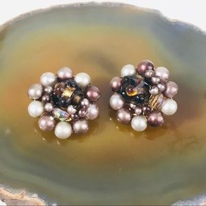 Vintage 50s Japan Faux Pearl Cluster Clip Earrings